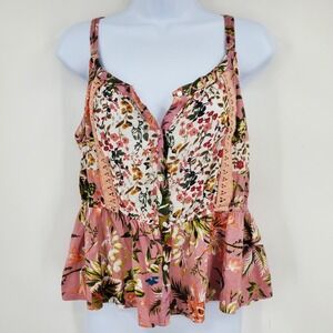 Anthropologie Tiny Pink Floral Peplum Camisole Top Crochet Lace Button Front M